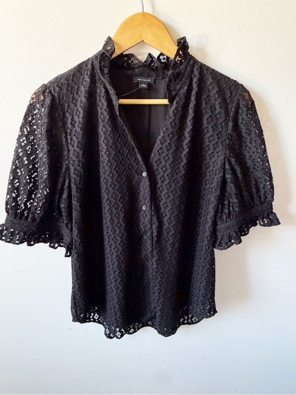 Ann Taylor Black Lace Puff-Sleeve Blouse with Ruffle Collar